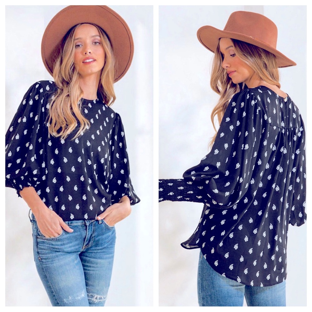 #36 Boho Print Lantern Sleeve Blouse Top